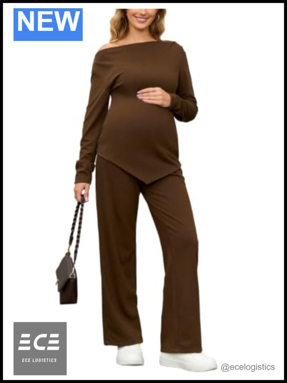 Maternity 2 Piece Lounge Set Off Shoulder Top Wide Leg Pants Adjustable Waist